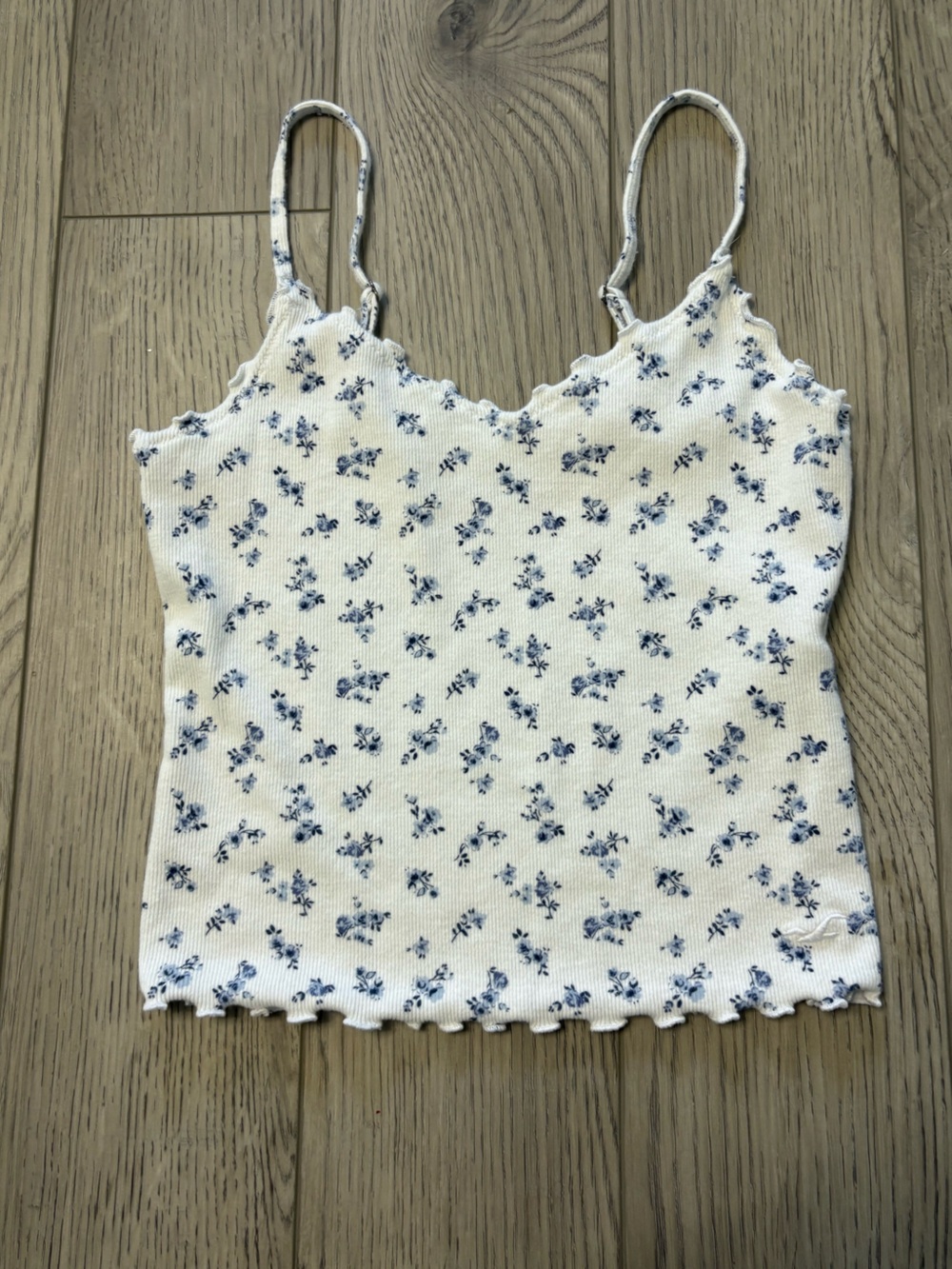 Hollister White Ribbed Tank Top with Blue Floral Print